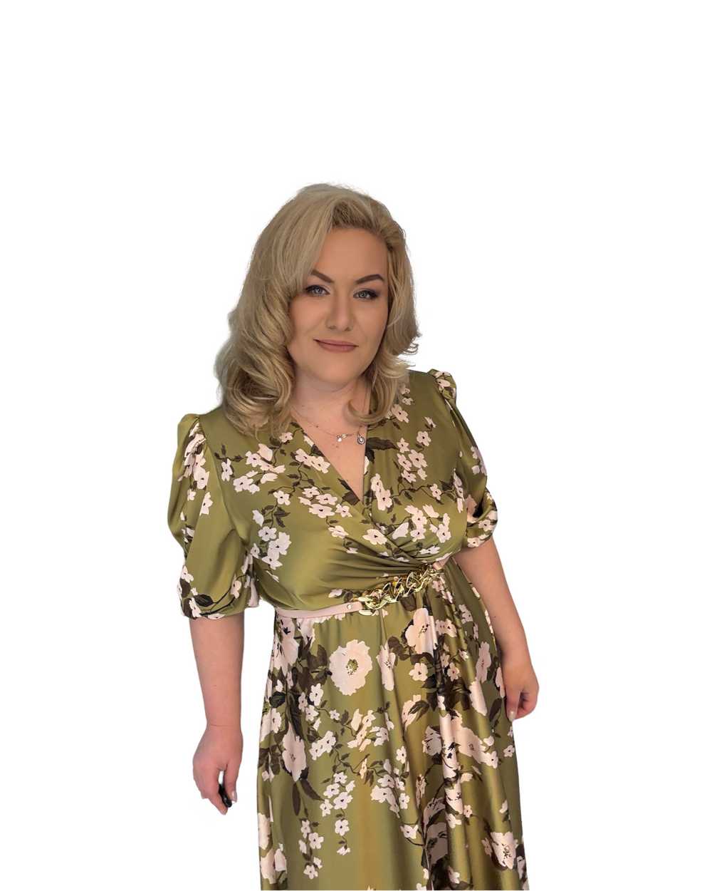 Rochie verde, midi, cu imprimeu floral